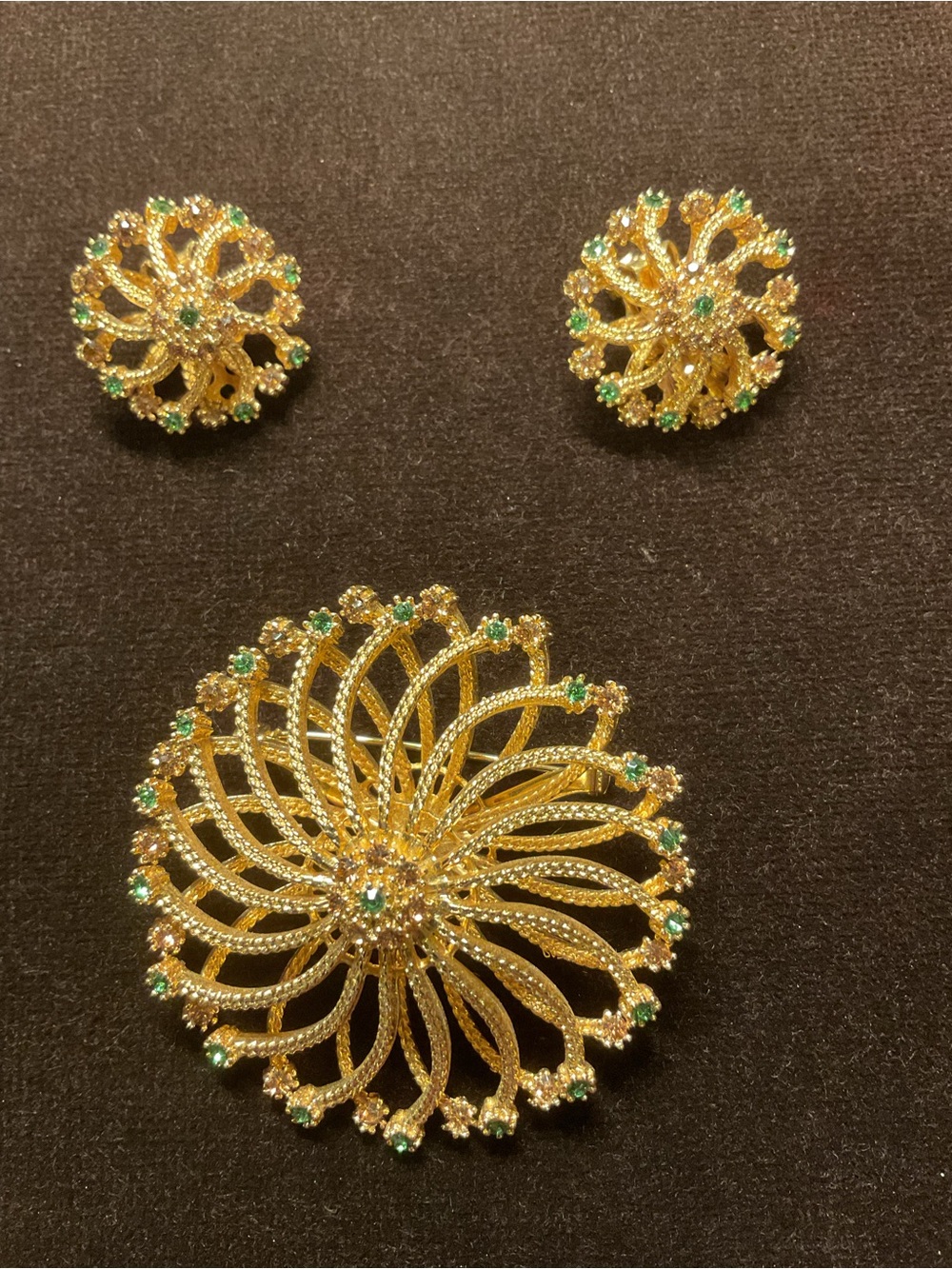 Trifari Gold-Tone Brooch and Earrings with Green Accents